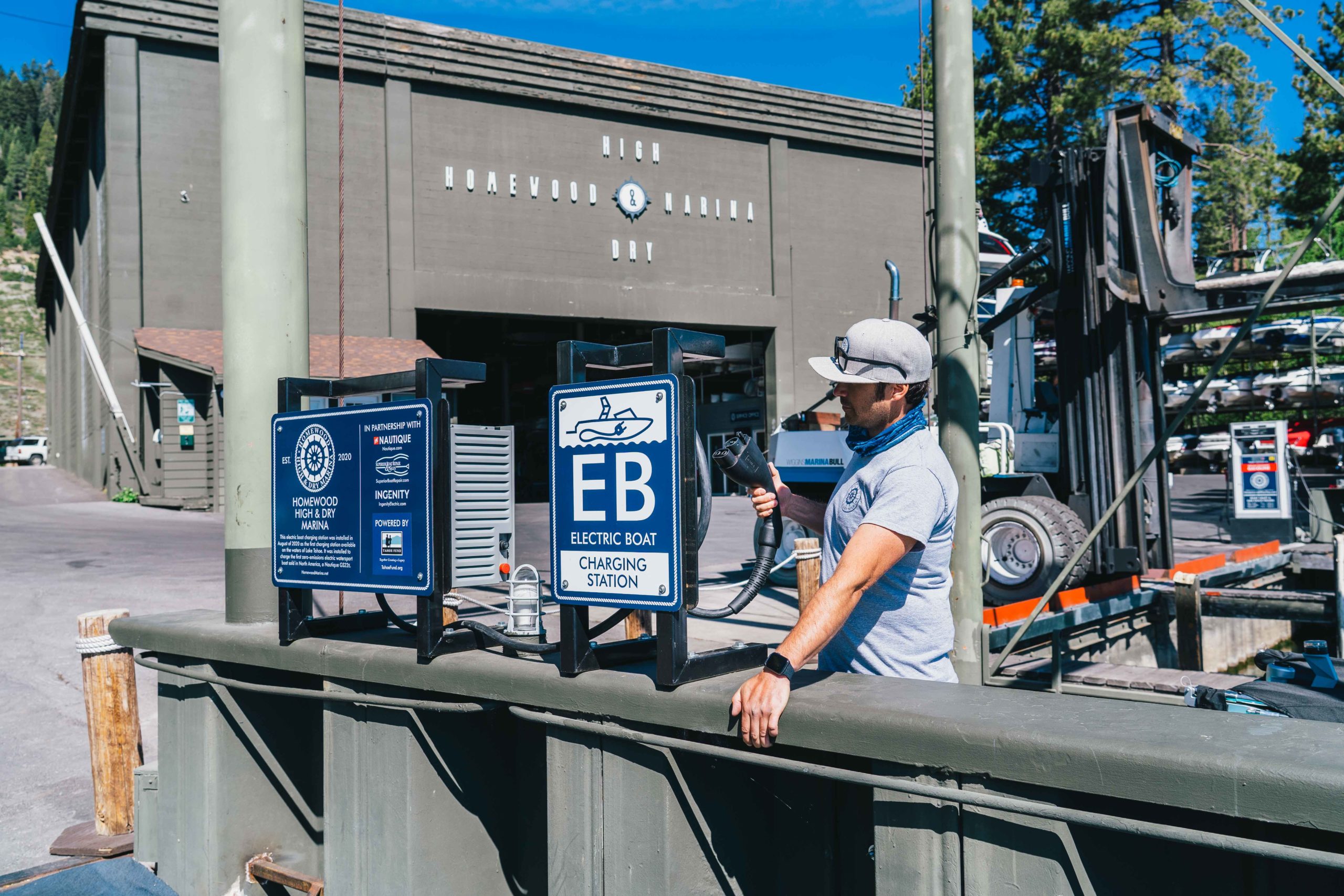 Worlds first electric boat charging station on Lake Tahoe at Homewood High and Dry Marina Lake Tahoe